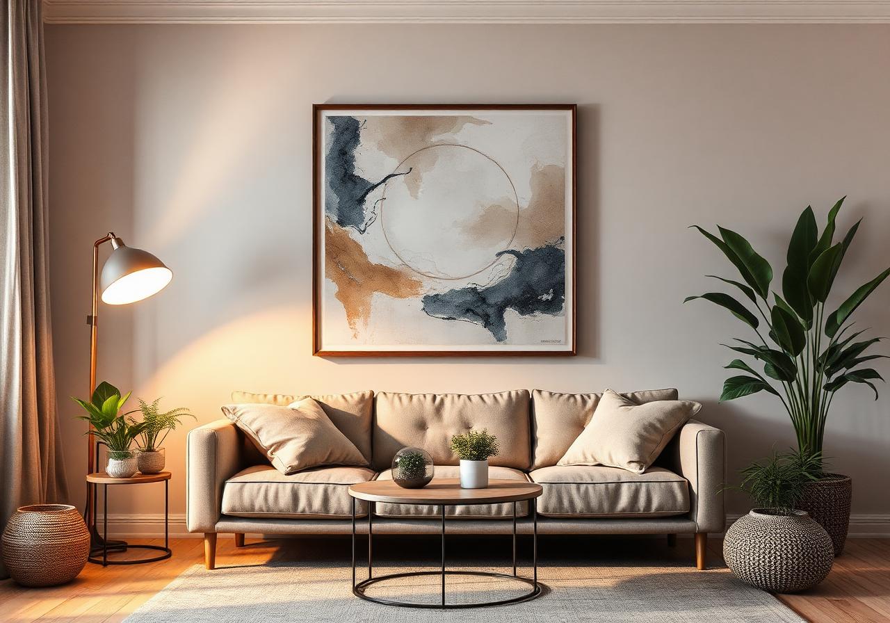 Framed artwork in a contemporary living room