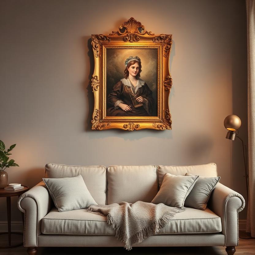 A traditionally framed painting above a sofa